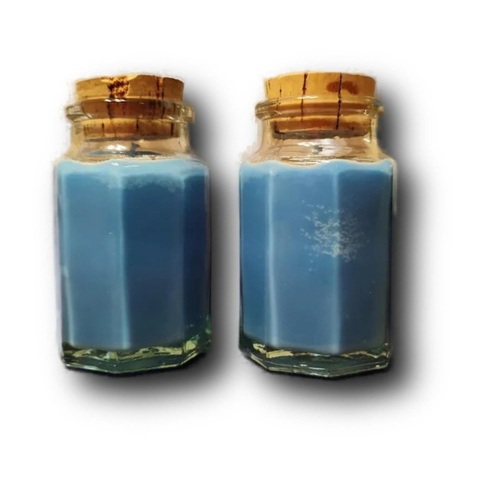 Handmade Blue Freesia Scented Candle in Vintage Hexagon Glass Jar Cork Top A31
